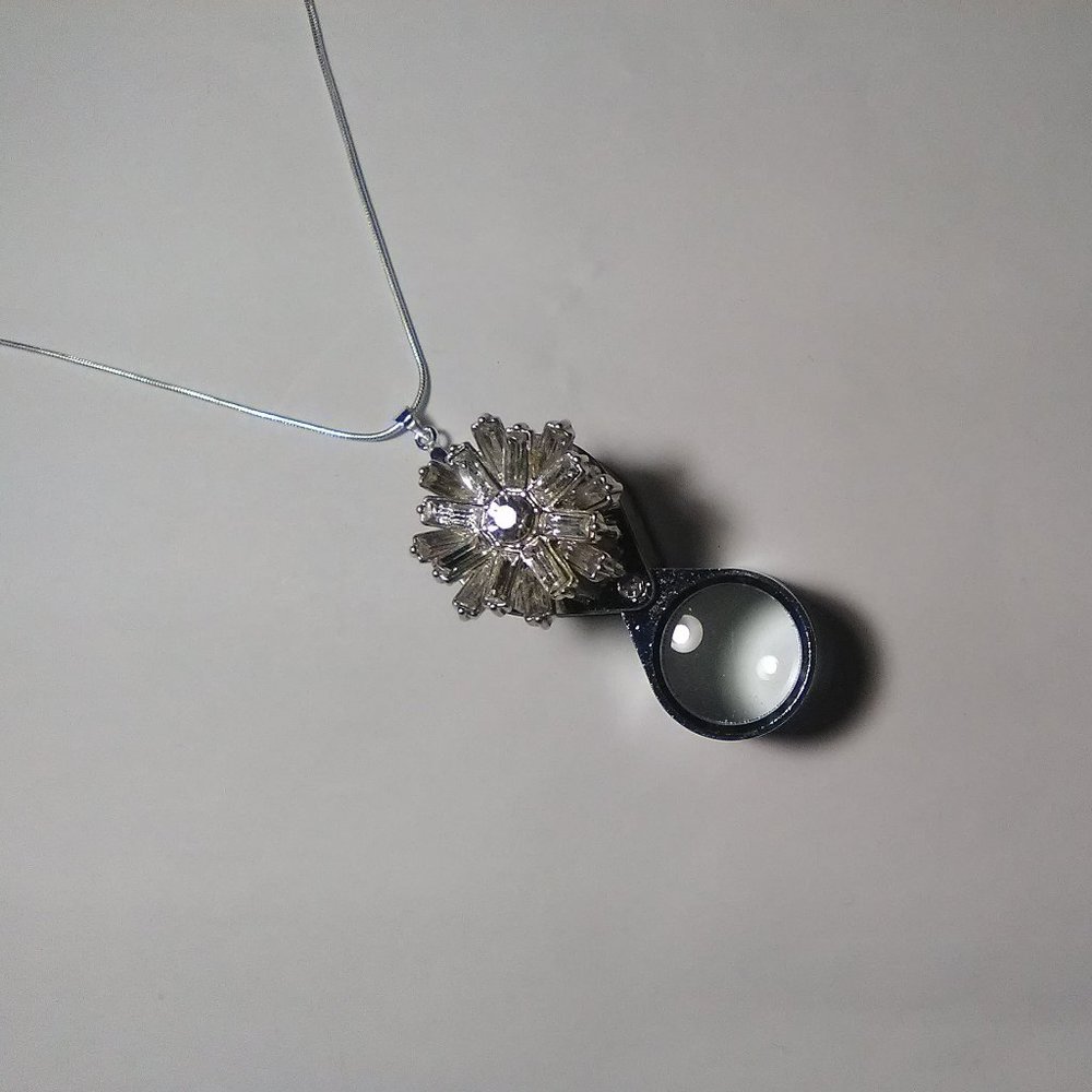 Magnifying Glass Rhinestone Cover-Up Pendant Necklace with Sterling Chain